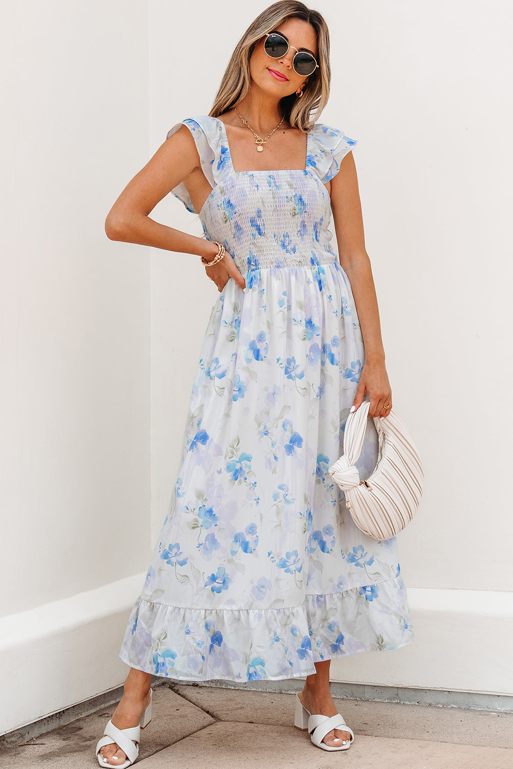 Josephine Floral Smocked High Waist Sleeveless Long Dress