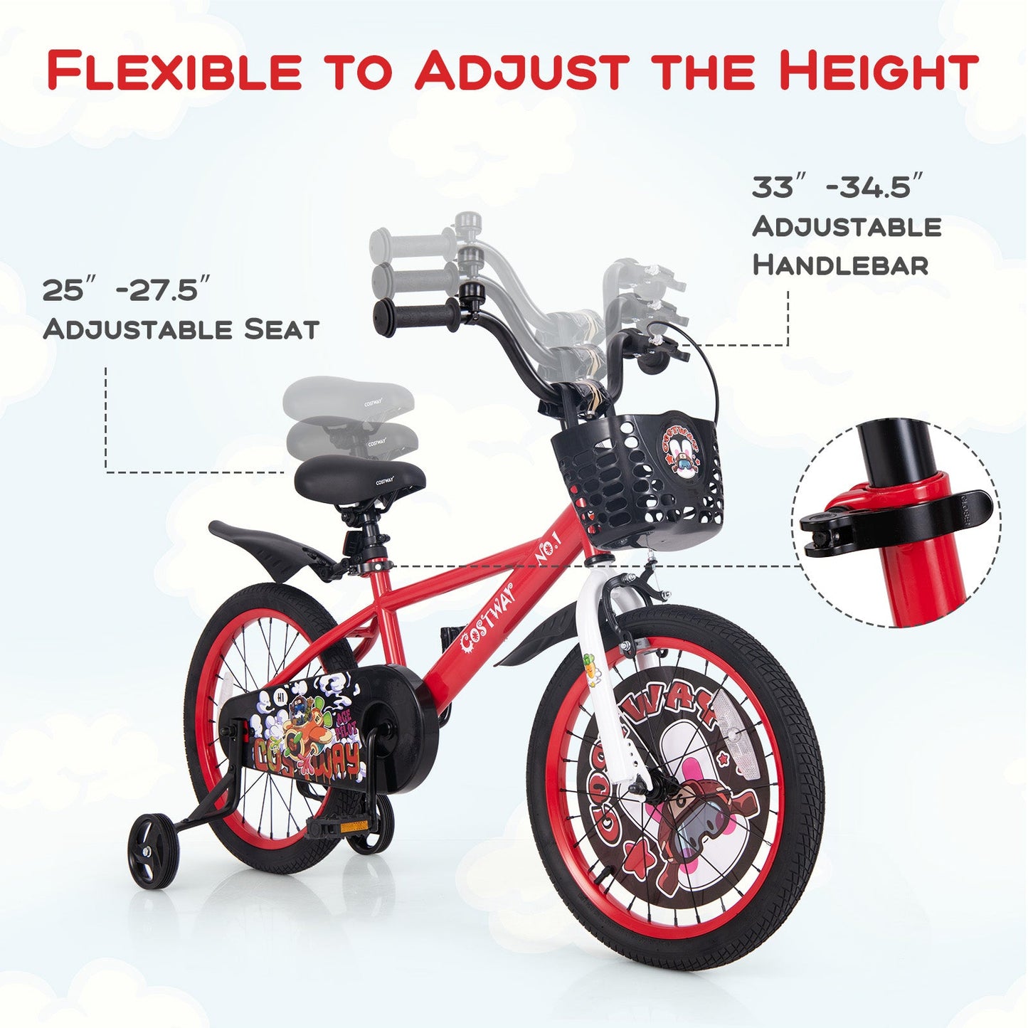 18 Inch Kids Bike Adjustable with Storage Basket and Double Brake for 4-8 Years Old-18 inches