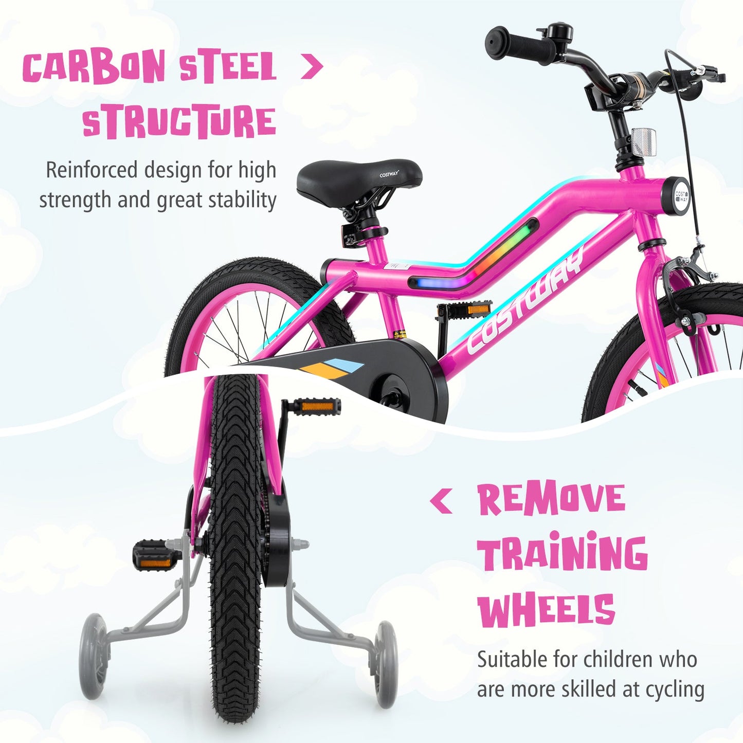 18 Inch LED Lighted Kids Bike with Training Wheels and Headlight for Ages 4-8 Years-18 inches