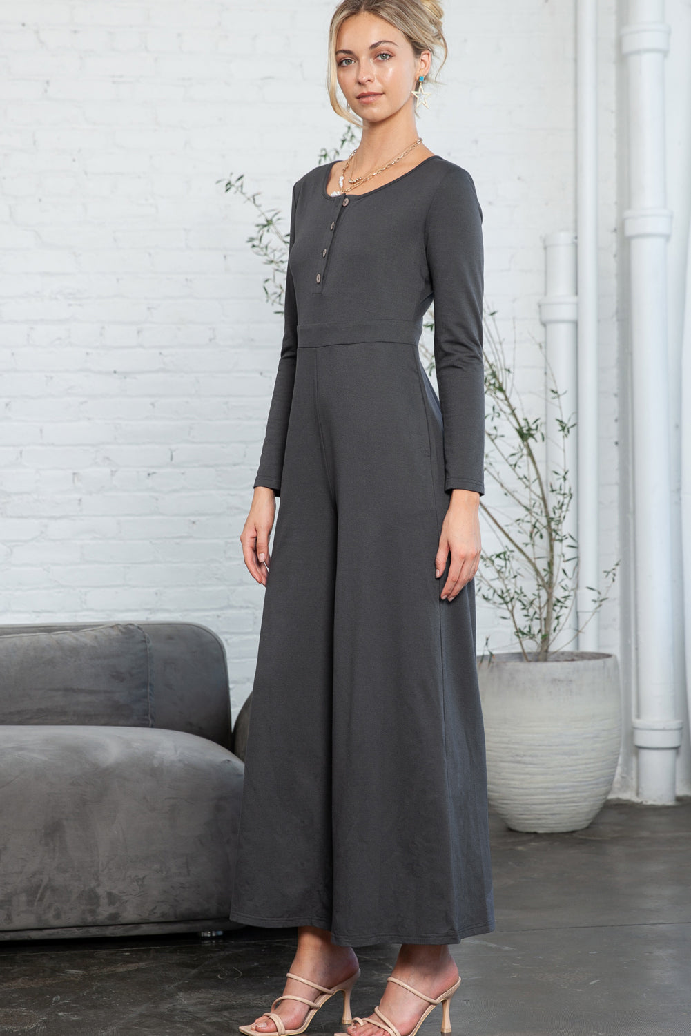 Trinity Button Long Sleeve Wide Leg Jumpsuit