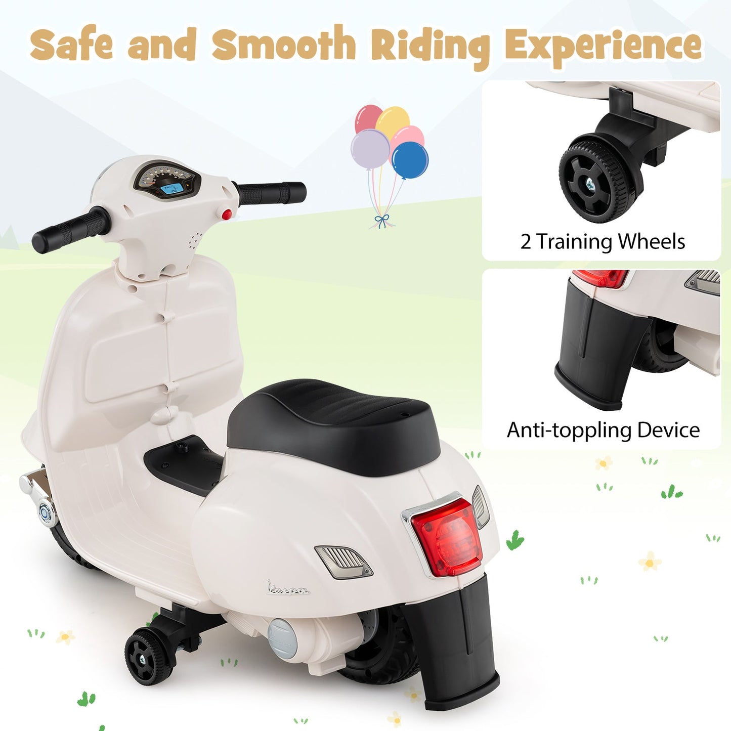 Kids Ride on Motorcycle Licensed Vespa with LED Headlight and Horn Sound-White