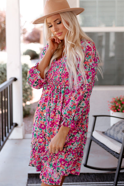 Mikaela Smocked V Neck Puffy Sleeve Floral Dress