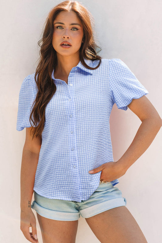 Mandy Gingham Short Puff Sleeve Button Up Top
