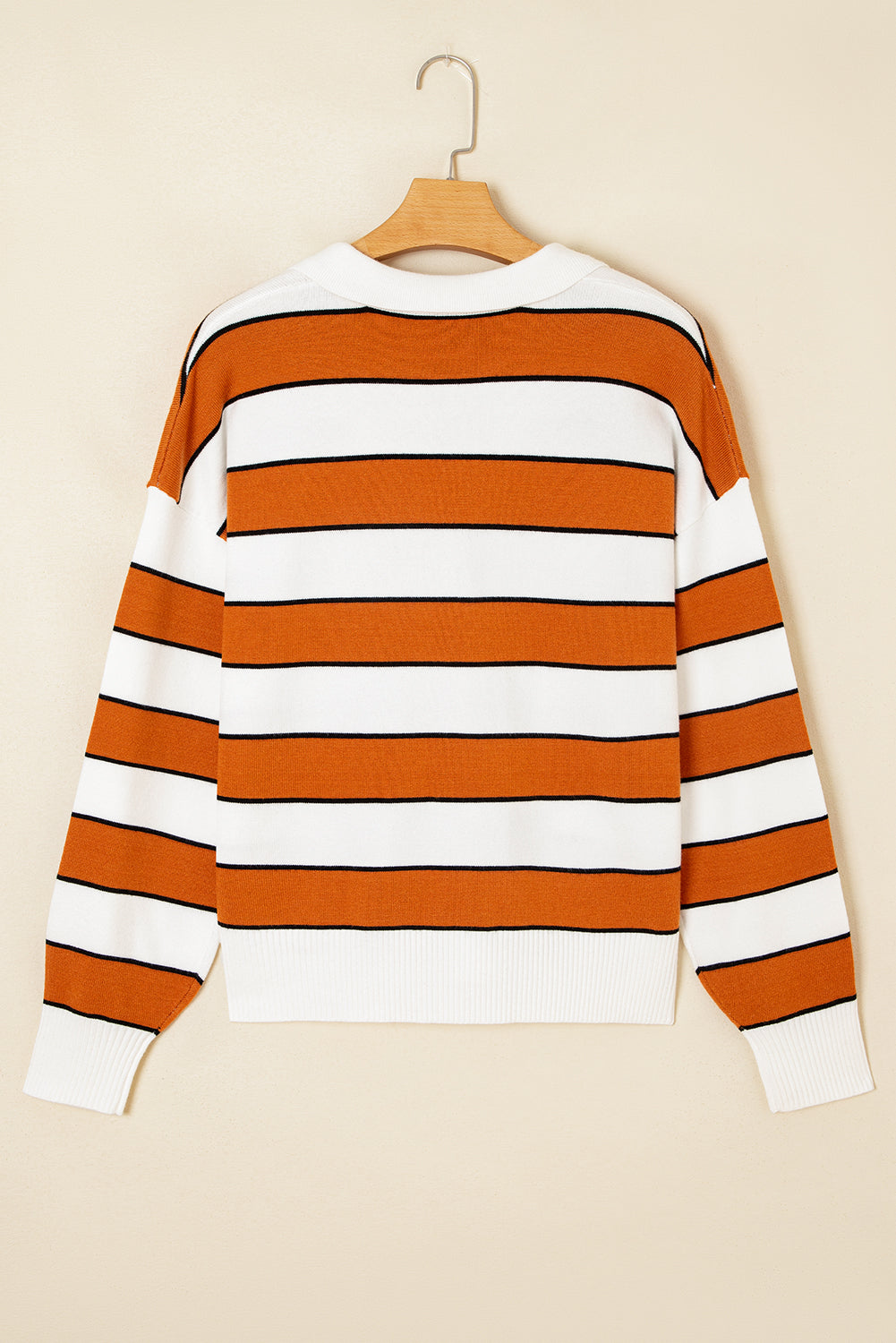 Valeria Stripe Ribbed Polo Collar Drop Shoulder Sweater