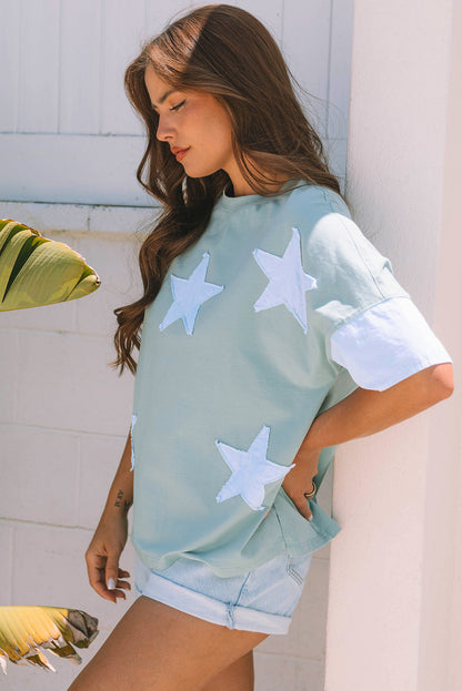 Etta Frayed Denim Star Patched Oversize Top