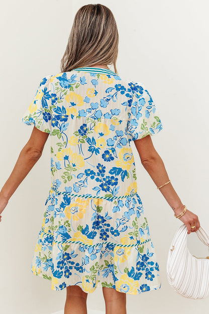 Payton Floral Striped Trim Puff Short Sleeve Dress