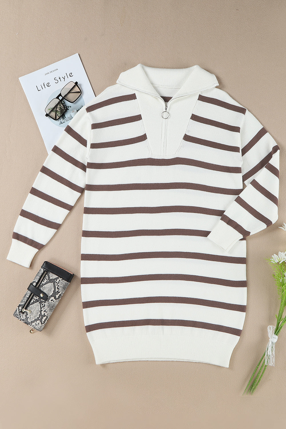 Iris Striped Zip Collared Loose Sweater Mini Dress