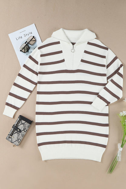 Iris Striped Zip Collared Loose Sweater Mini Dress
