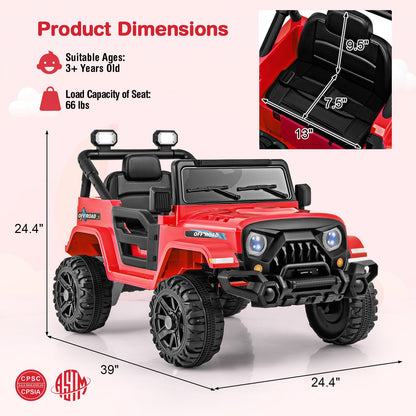 12V Kids Ride on Truck Car with Remote Control Threaded Wheels and 3 Speeds-Red