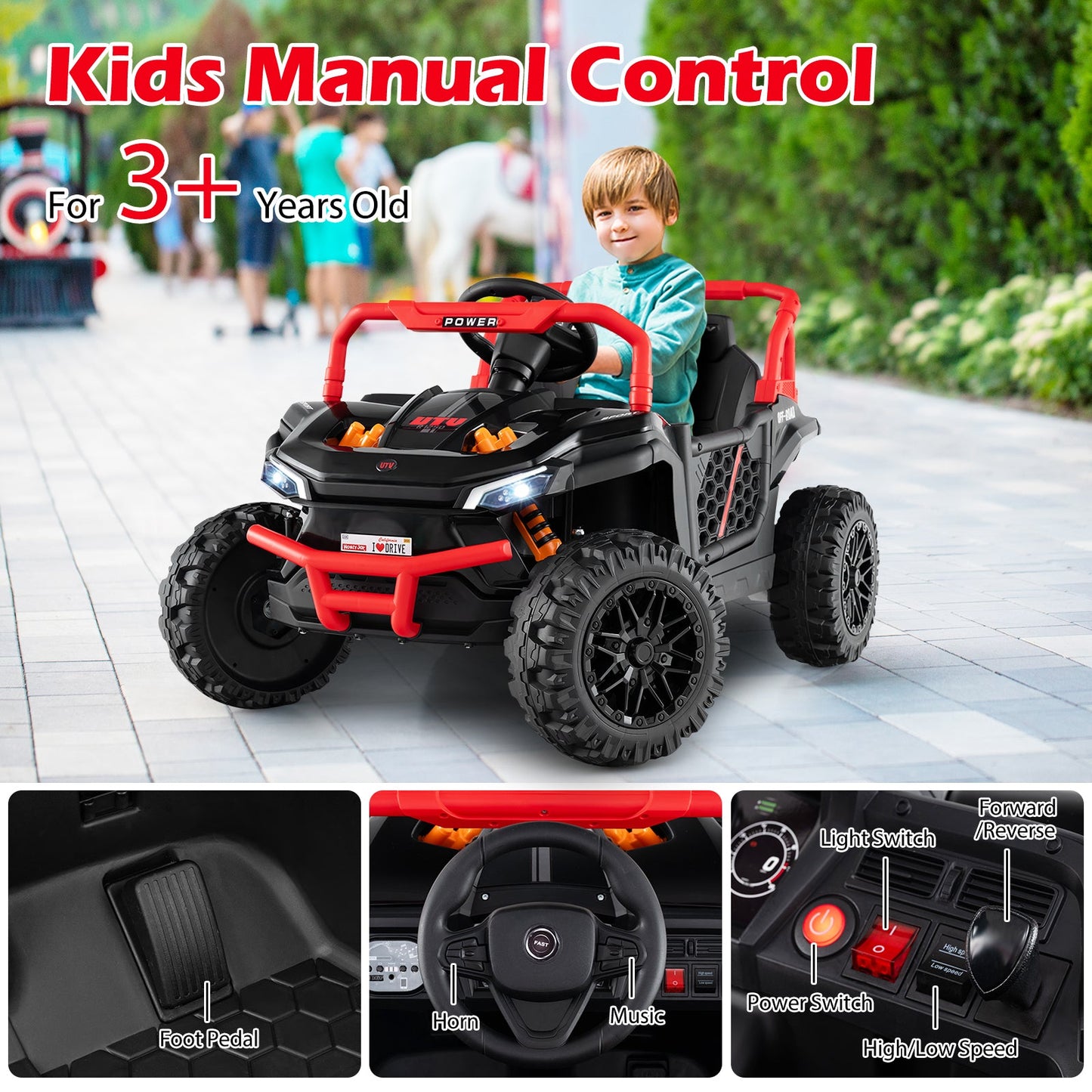 12V Kids Ride on Truck Off-Road UTV with Parental Remote and Lights-Black