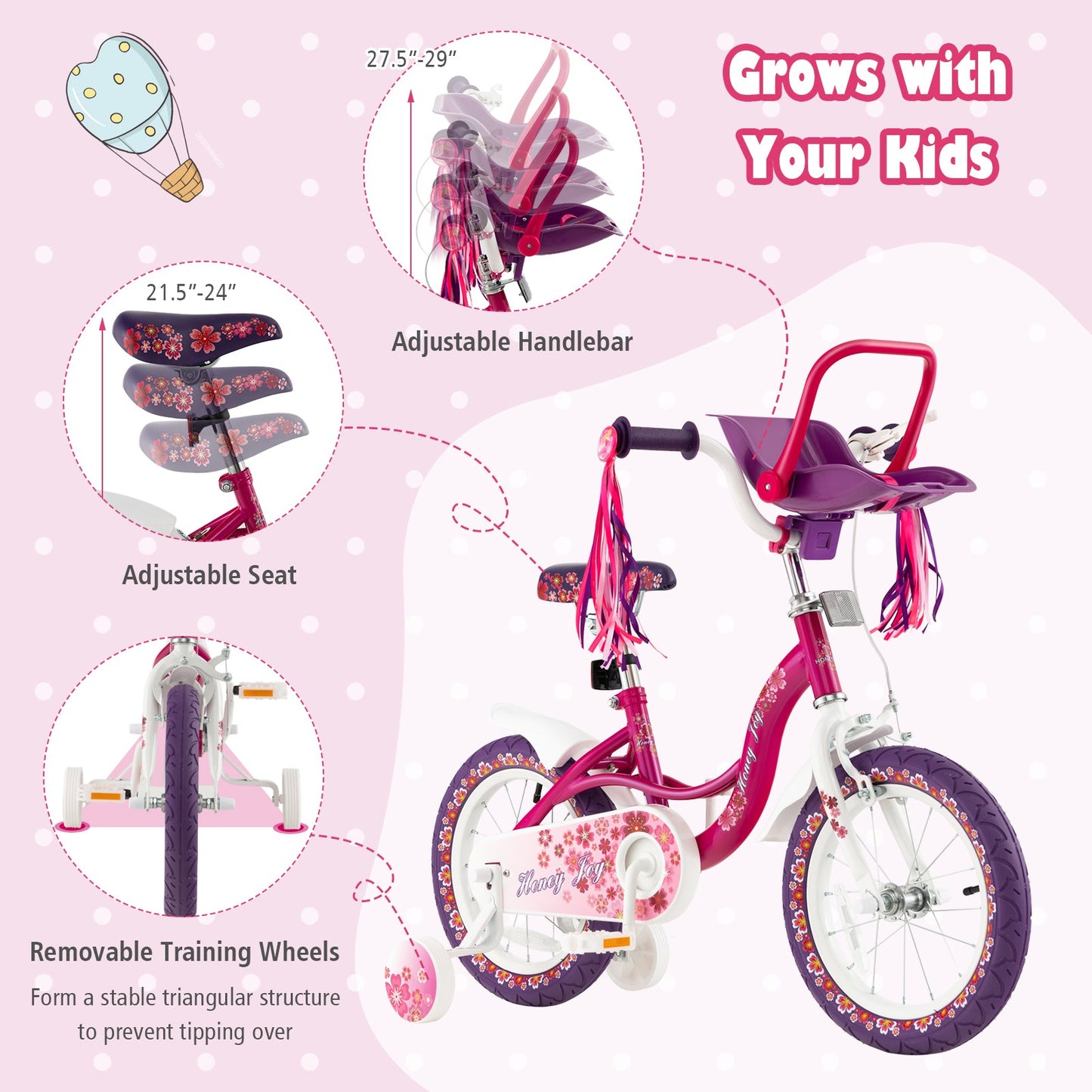 14 Inch Kids Bike with Doll Seat and Removable Training Wheels-14 inches