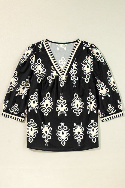 Vintage Geometric Printed V Neck Blouse