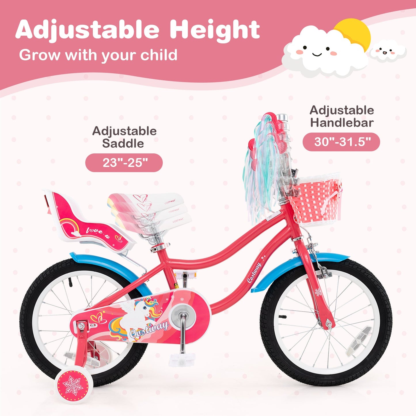 16 Inch Girls Bike for 4-7 Years Old Kids Bike with Doll Seat and Training Wheels