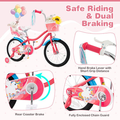 16 Inch Girls Bike for 4-7 Years Old Kids Bike with Doll Seat and Training Wheels