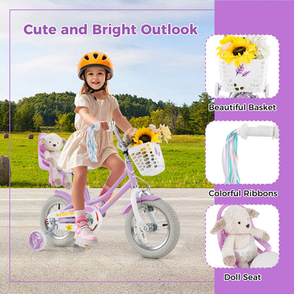 12 Inch Girls Bike Kids Bicycle with Doll Seat and Streamers for Children 3-4 Years Old