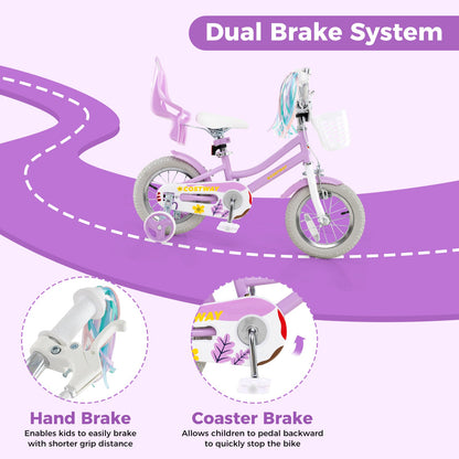 12 Inch Girls Bike Kids Bicycle with Doll Seat and Streamers for Children 3-4 Years Old