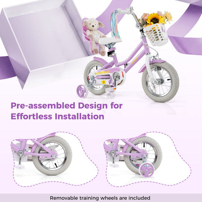 12 Inch Girls Bike Kids Bicycle with Doll Seat and Streamers for Children 3-4 Years Old