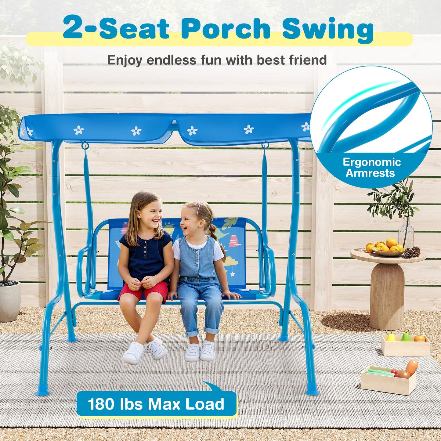 2-Seater Kids Patio Swing with Metal Stand and Adjustable Canopy-Bule