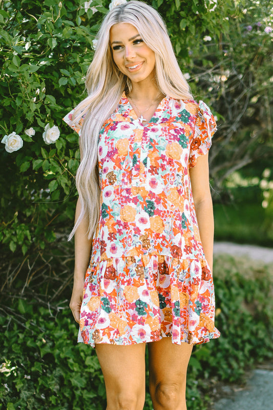 August Floral Print Split Neck Flutter Sleeve Dress