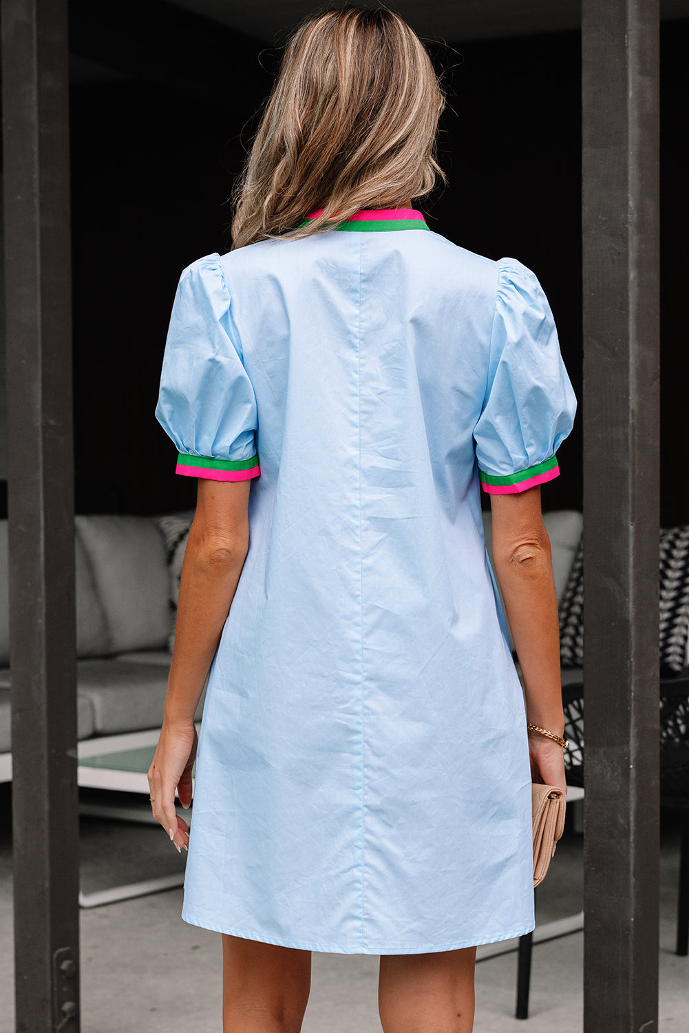 Lily Striped Notched V Neck Puff Sleeve Mini Dress