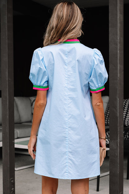 Lily Striped Notched V Neck Puff Sleeve Mini Dress