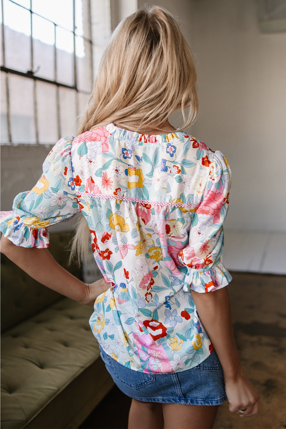 Solana Boho Flower Half Puff Sleeve Blouse