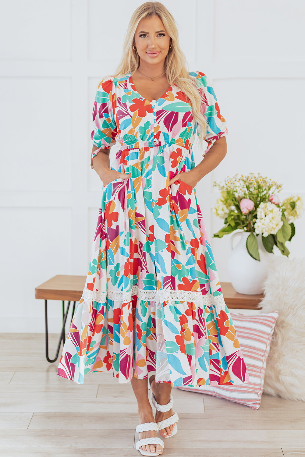 Sky Floral Knot Puff Sleeve Buttoned Front Maxi Dress