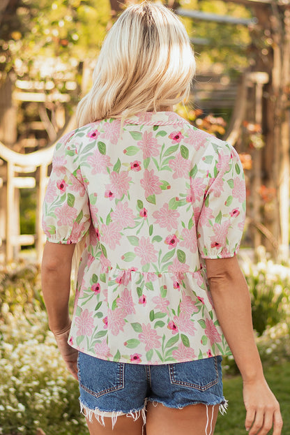 Natasha Floral Drawstring V Neck Peplum Blouse