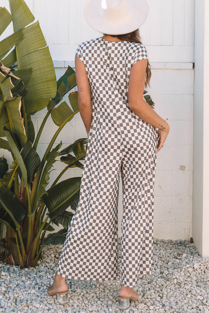Paisley Checkered Buttoned Crew Neck Wide Leg Jumpsuit