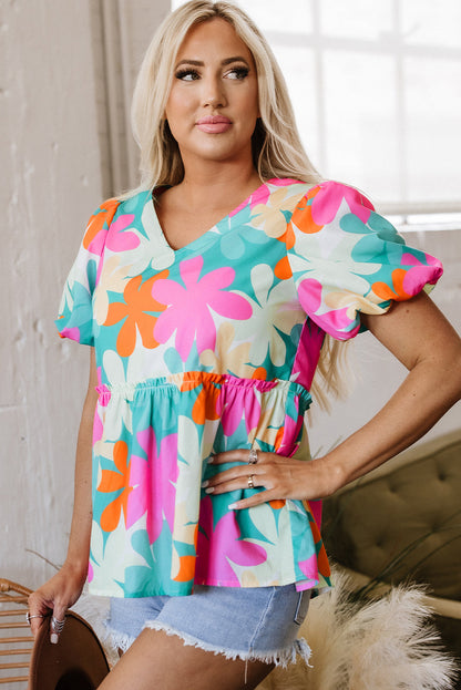 Rayne Floral V Neck Peplum Blouse