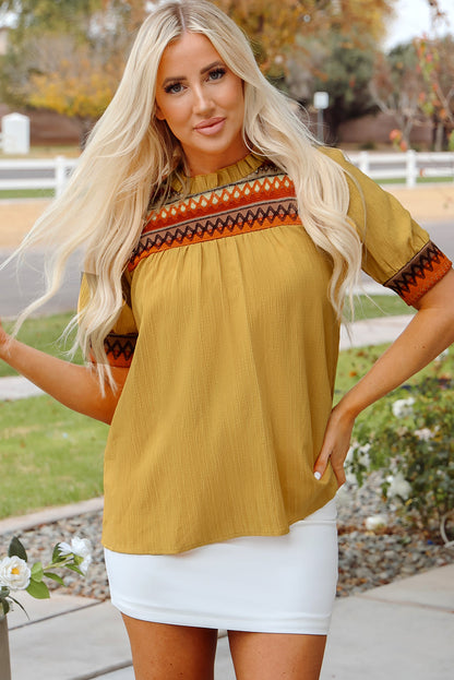 Jazlyn Geometric Short Puff Sleeve Frilled Blouse