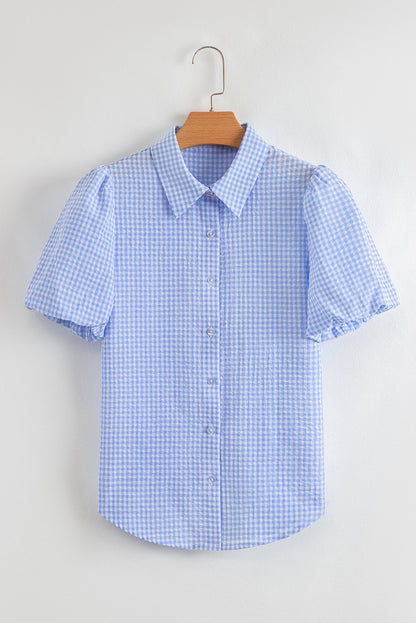 Mandy Gingham Short Puff Sleeve Button Up Top