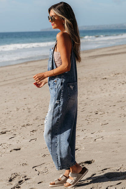 Baylor Distressed Bib Pocket Wide Leg Denim Overall