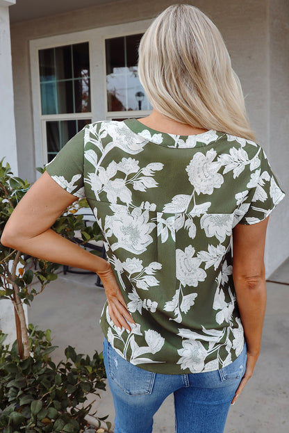 Mariam Floral Split Neck Short Sleeve Blouse