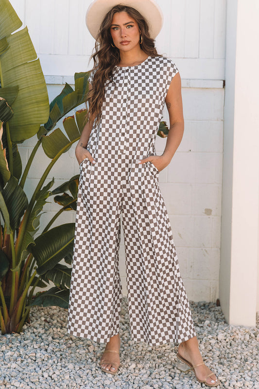 Paisley Checkered Buttoned Crew Neck Wide Leg Jumpsuit