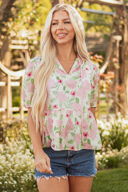 Natasha Floral Drawstring V Neck Peplum Blouse