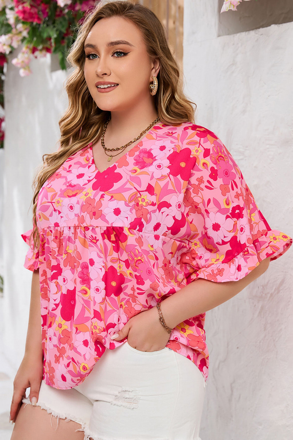 Kaiya Floral Print Ruffled Half Sleeve Plus Size Babydoll Blouse