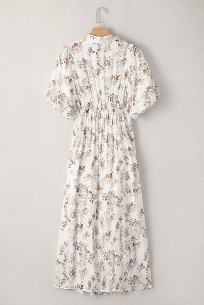 Iliana Floral Puff Sleeve V Neck Buttoned Front Maxi Dress