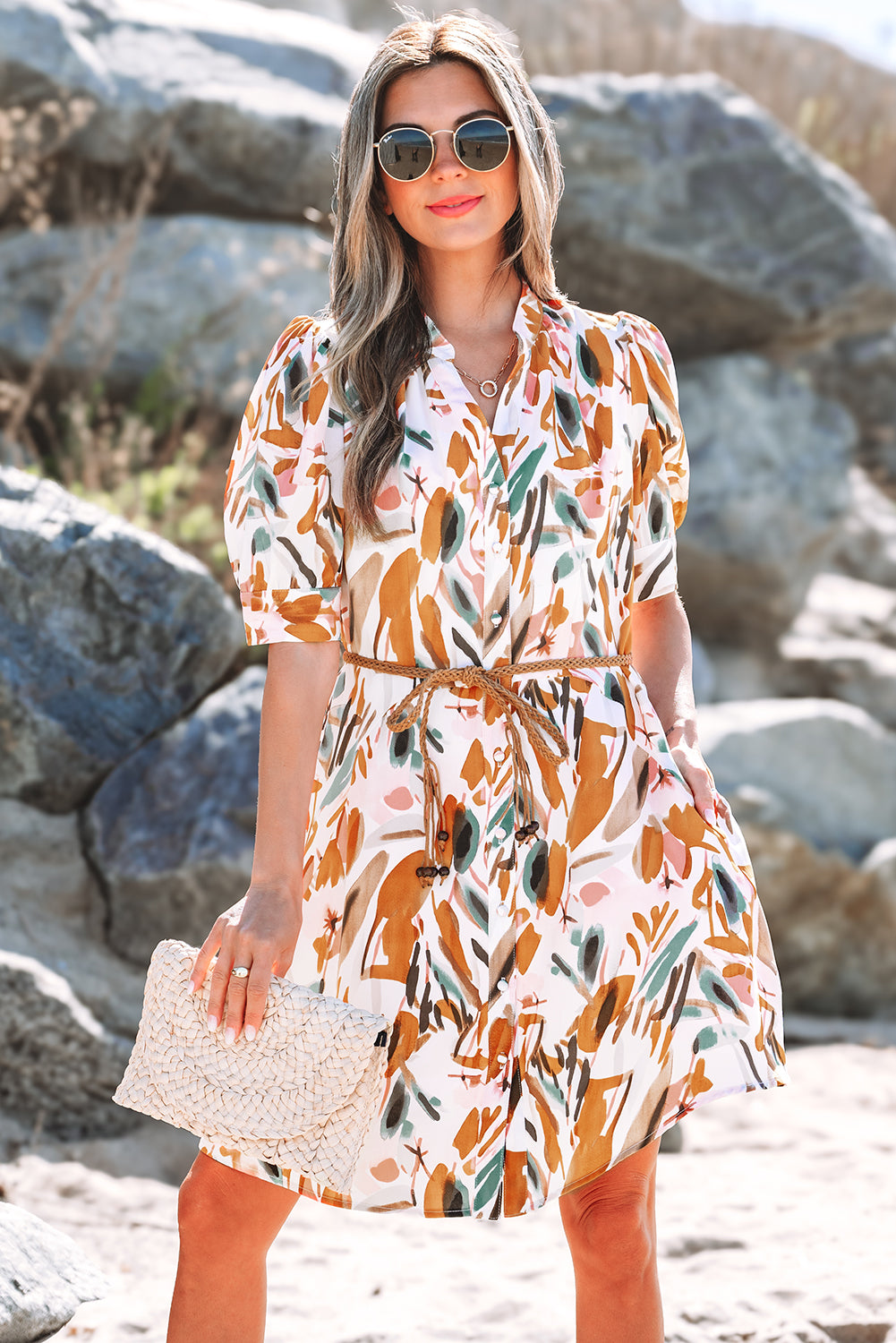 Christina Puff Sleeve Button Up Braided Belt Mini Dress