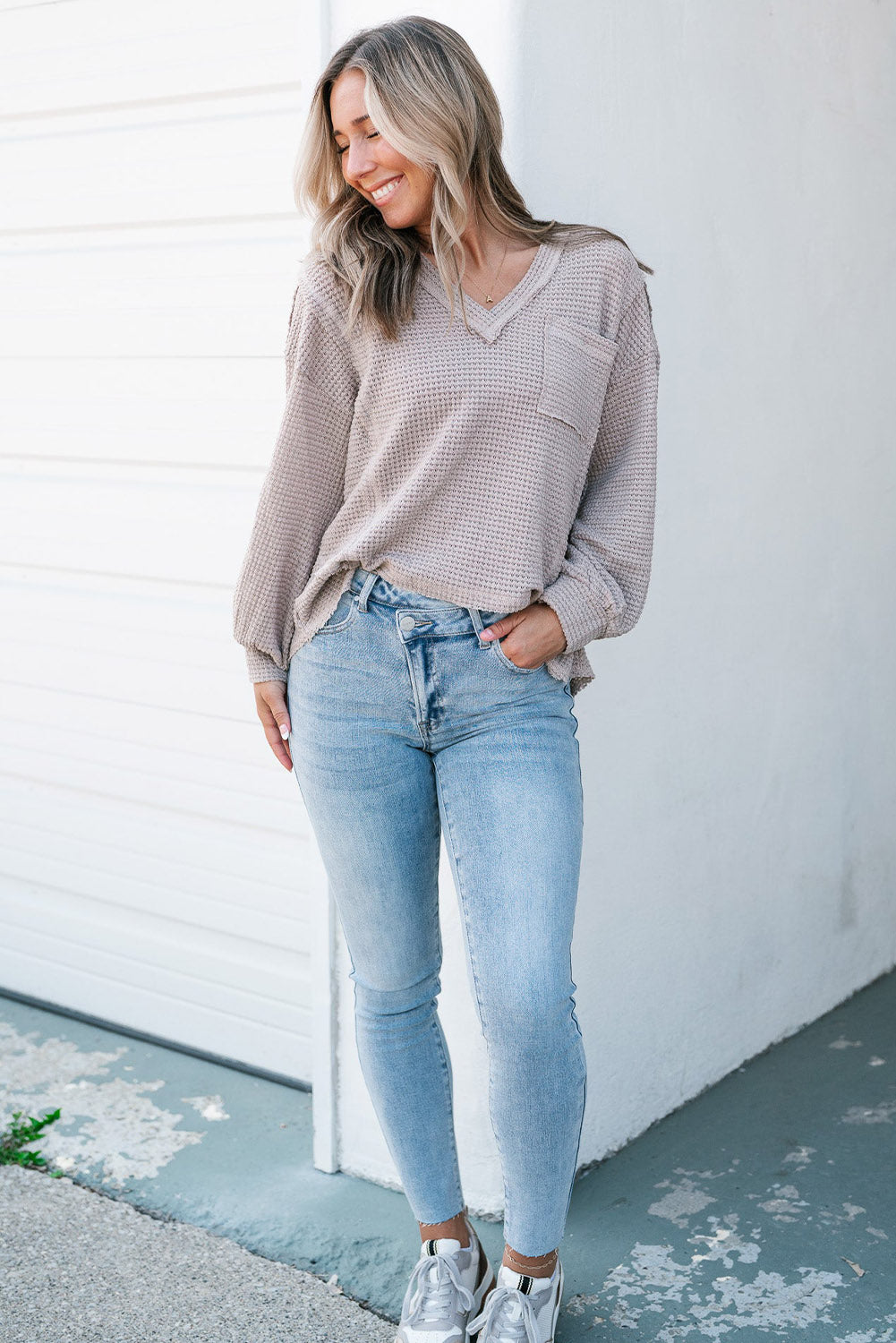 Eden Raw Edge Detail Waffle Knit V Neck Top