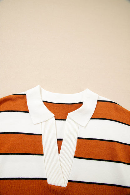 Valeria Stripe Ribbed Polo Collar Drop Shoulder Sweater