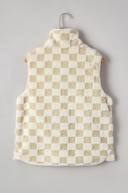 Stevie Sherpa Checkerboard Button Vest With Pocket