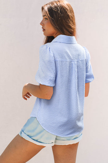 Mandy Gingham Short Puff Sleeve Button Up Top