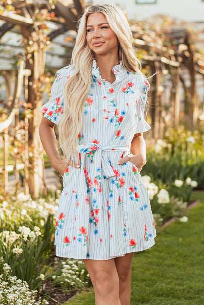 Siya Blue Stripe Floral Ruffle Short Sleeve Belted Mini Dress