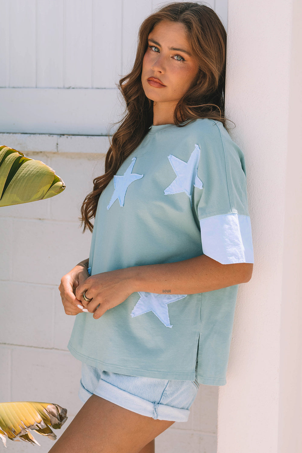 Etta Frayed Denim Star Patched Oversize Top