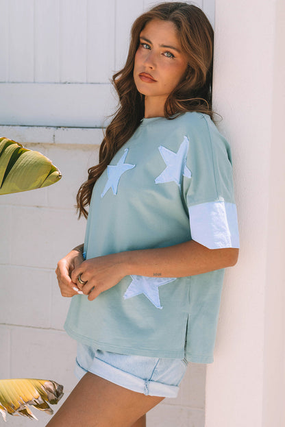 Etta Frayed Denim Star Patched Oversize Top