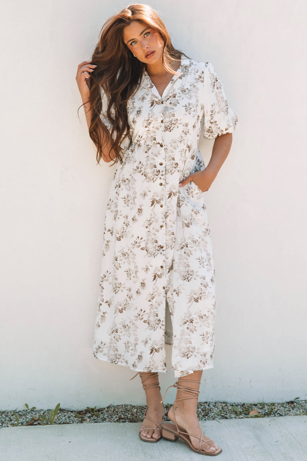 Iliana Floral Puff Sleeve V Neck Buttoned Front Maxi Dress