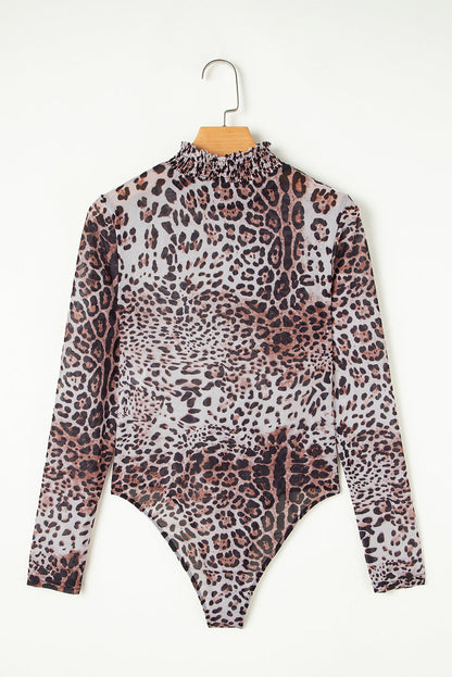 Leopard Smocked Neck Mesh Long Sleeve Bodysuit