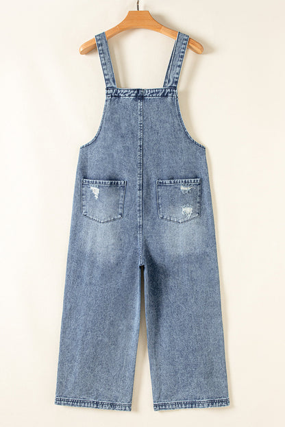 Baylor Distressed Bib Pocket Wide Leg Denim Overall