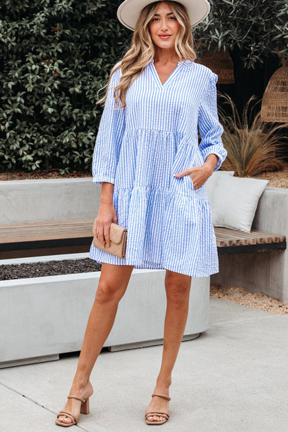 Kaia Stripe Bracelet Sleeve Tiered Dress with Pockets
